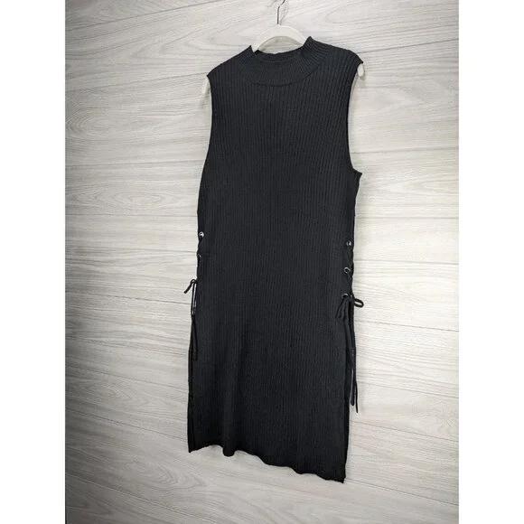 New York & Company Knit Lace Up Sides Cover Up Black Dress - Picture 3 of 6